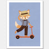 Stylish fox rides a scooter across a soft light-blue background in a playful storybook style, from the Little Tails Collection by Urban Road.