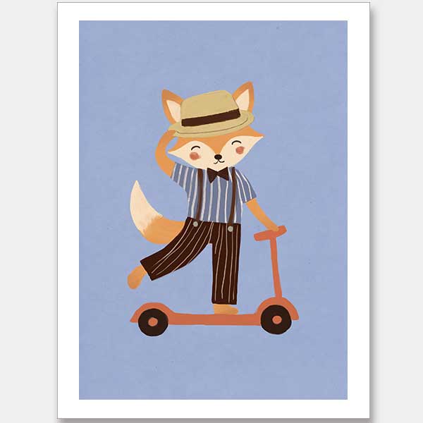 Stylish fox rides a scooter across a soft light-blue background in a playful storybook style, from the Little Tails Collection by Urban Road.