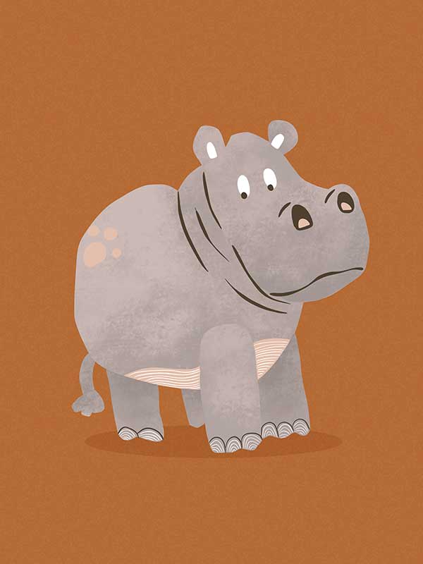 A gentle grey hippo named Harold stands on a warm orange ground with soft textured details, from the Little Tails Collection by Urban Road.