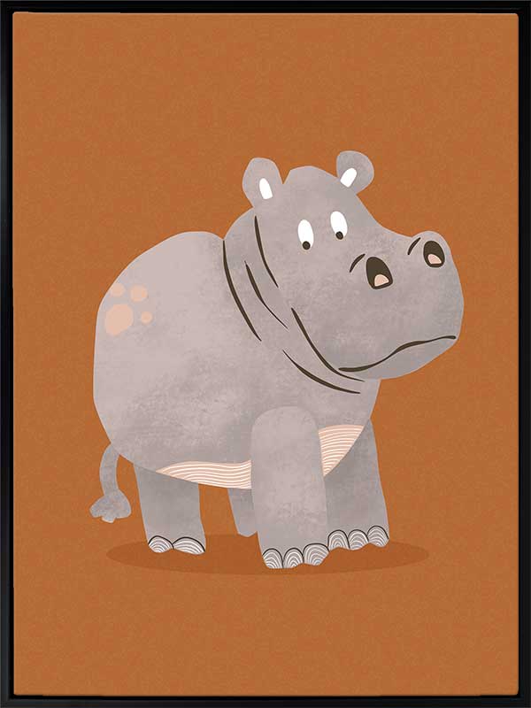 A gentle grey hippo named Harold stands on a warm orange ground with soft textured details, from the Little Tails Collection by Urban Road.