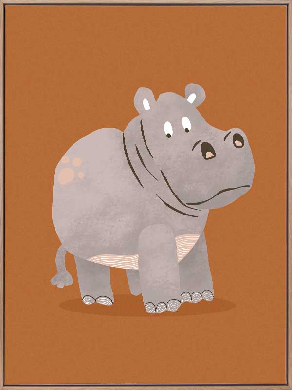 A gentle grey hippo named Harold stands on a warm orange ground with soft textured details, from the Little Tails Collection by Urban Road.