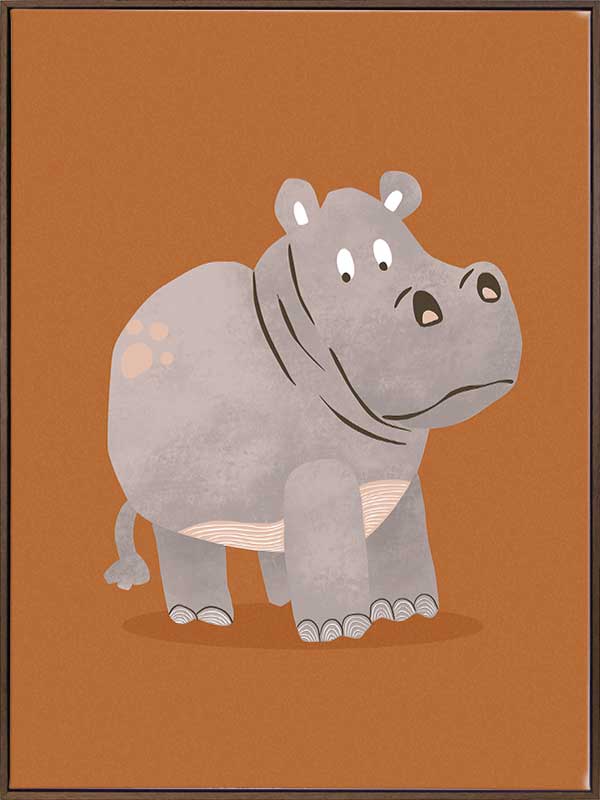 A gentle grey hippo named Harold stands on a warm orange ground with soft textured details, from the Little Tails Collection by Urban Road.