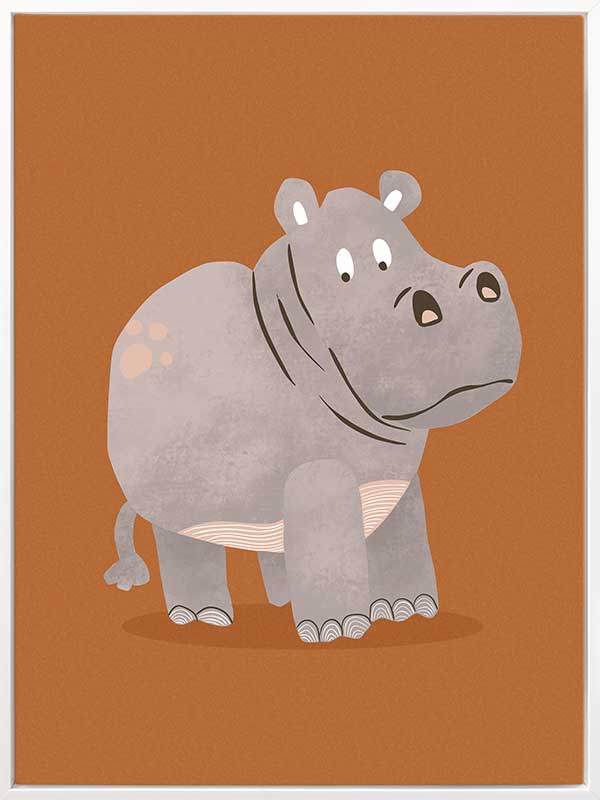 A gentle grey hippo named Harold stands on a warm orange ground with soft textured details, from the Little Tails Collection by Urban Road.