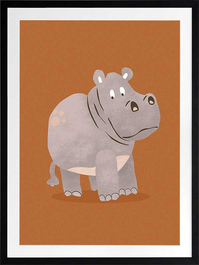 A gentle grey hippo named Harold stands on a warm orange ground with soft textured details, from the Little Tails Collection by Urban Road.