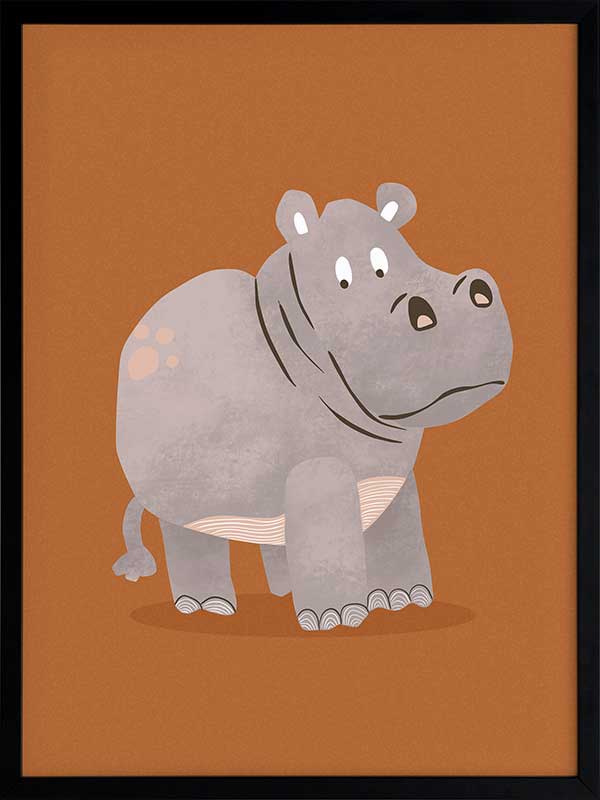 A gentle grey hippo named Harold stands on a warm orange ground with soft textured details, from the Little Tails Collection by Urban Road.