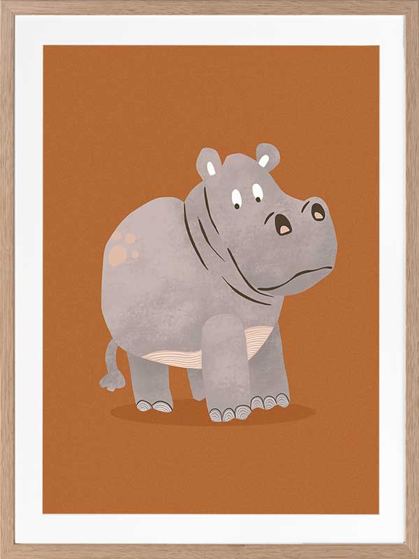 A gentle grey hippo named Harold stands on a warm orange ground with soft textured details, from the Little Tails Collection by Urban Road.