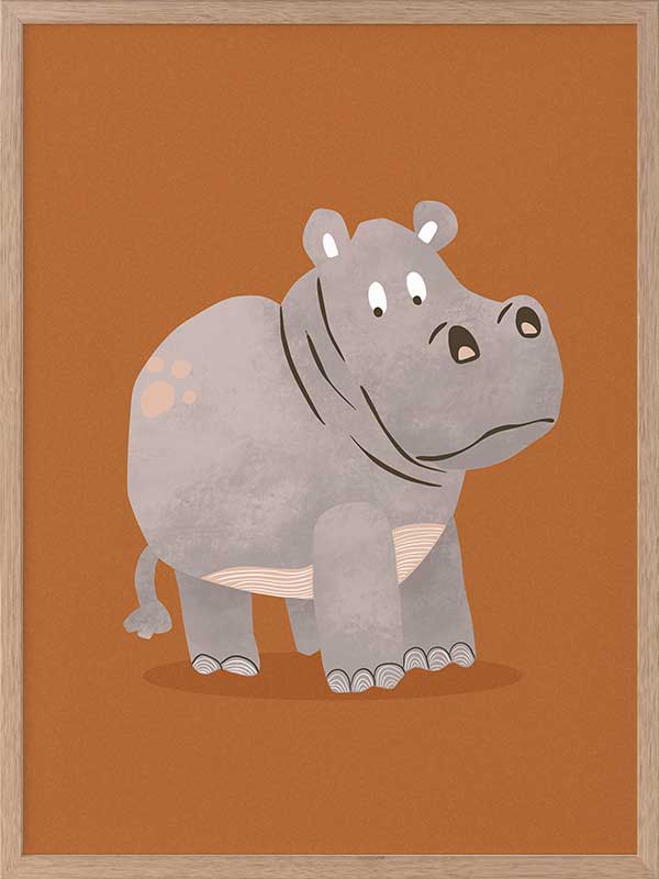 A gentle grey hippo named Harold stands on a warm orange ground with soft textured details, from the Little Tails Collection by Urban Road.