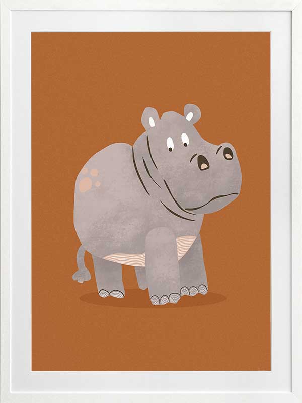 A gentle grey hippo named Harold stands on a warm orange ground with soft textured details, from the Little Tails Collection by Urban Road.