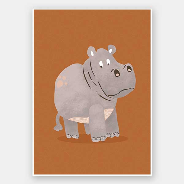 A gentle grey hippo named Harold stands on a warm orange ground with soft textured details, from the Little Tails Collection by Urban Road.