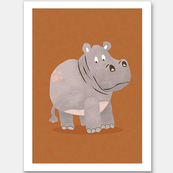 A gentle grey hippo named Harold stands on a warm orange ground with soft textured details, from the Little Tails Collection by Urban Road.
