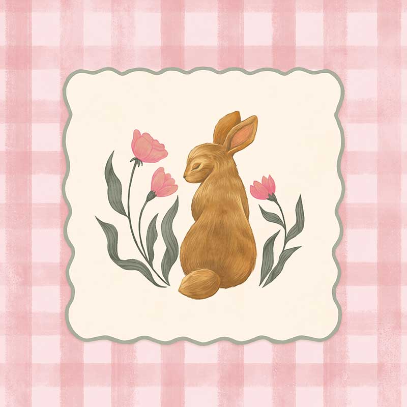 Brown bunny framed by pink gingham and tiny flowers in a soft spring palette, from the Little Tails Collection by Urban Road.