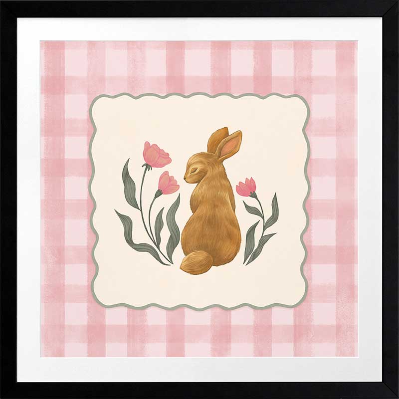 Brown bunny framed by pink gingham and tiny flowers in a soft spring palette, from the Little Tails Collection by Urban Road.