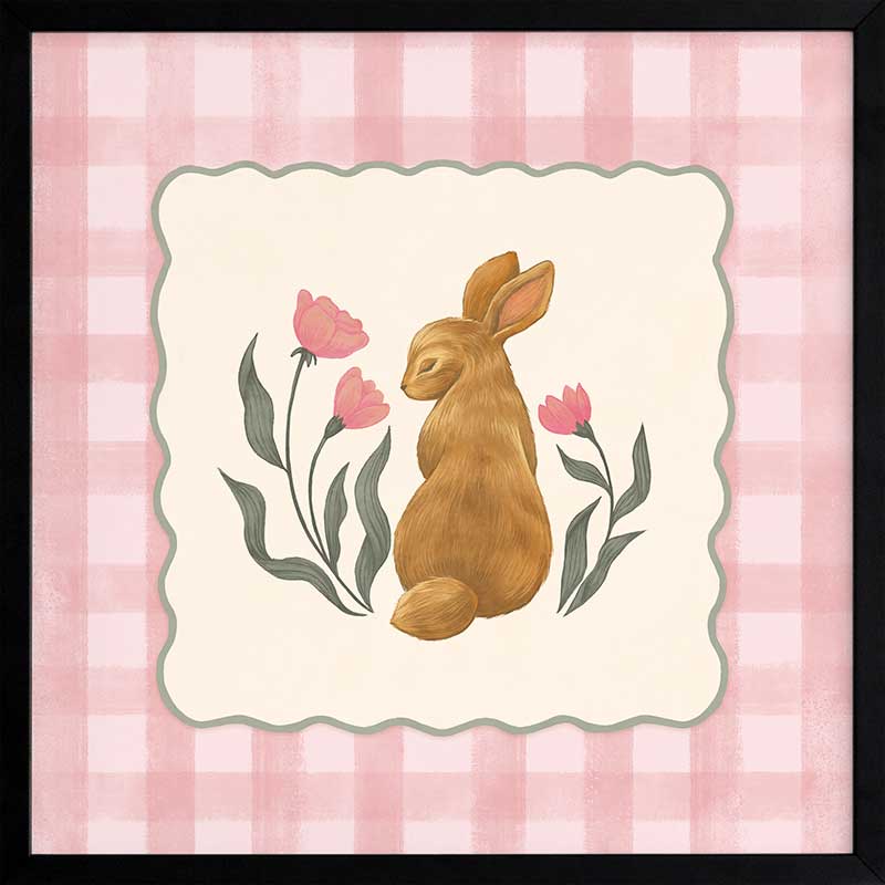 Brown bunny framed by pink gingham and tiny flowers in a soft spring palette, from the Little Tails Collection by Urban Road.