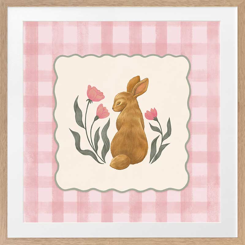 Brown bunny framed by pink gingham and tiny flowers in a soft spring palette, from the Little Tails Collection by Urban Road.