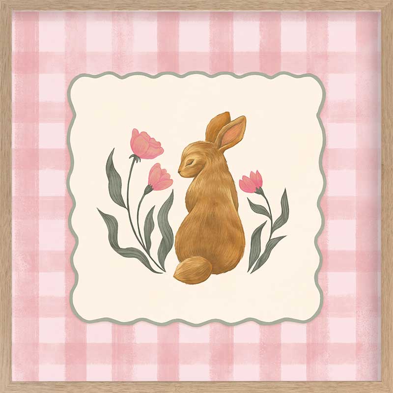 Brown bunny framed by pink gingham and tiny flowers in a soft spring palette, from the Little Tails Collection by Urban Road.