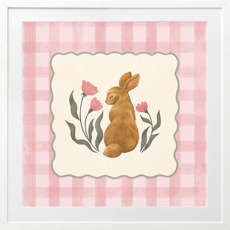 Brown bunny framed by pink gingham and tiny flowers in a soft spring palette, from the Little Tails Collection by Urban Road.