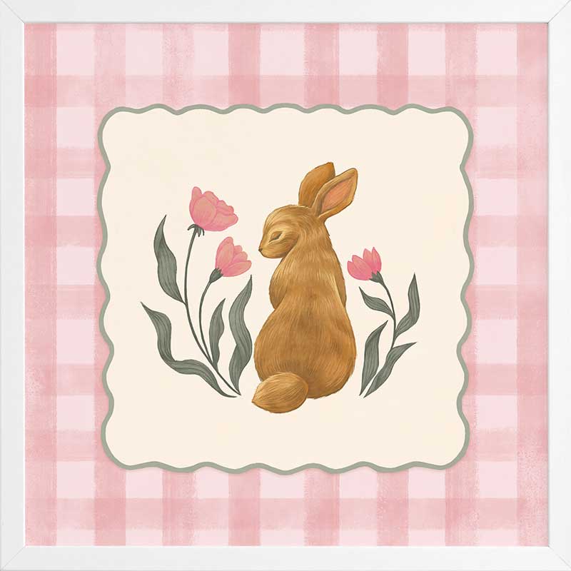 Brown bunny framed by pink gingham and tiny flowers in a soft spring palette, from the Little Tails Collection by Urban Road.