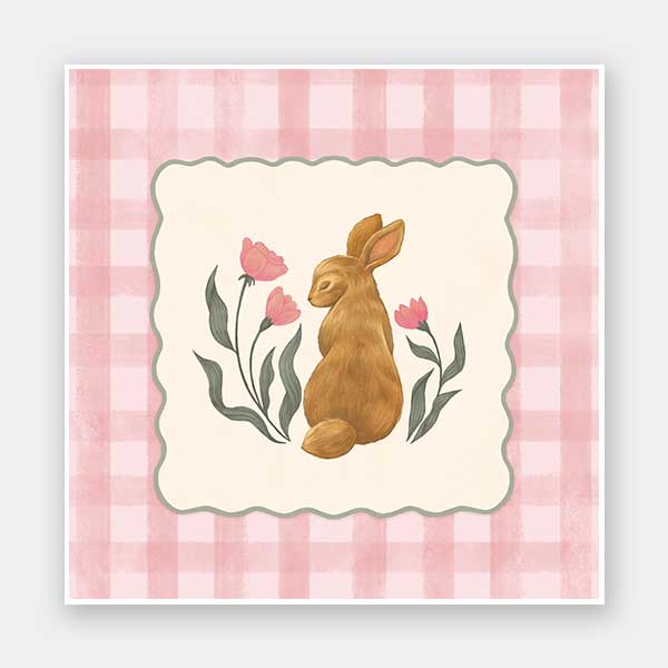 Brown bunny framed by pink gingham and tiny flowers in a soft spring palette, from the Little Tails Collection by Urban Road.