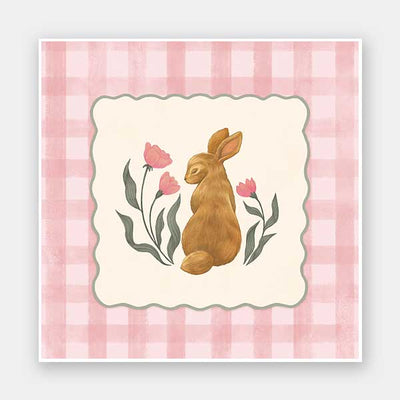 Brown bunny framed by pink gingham and tiny flowers in a soft spring palette, from the Little Tails Collection by Urban Road.