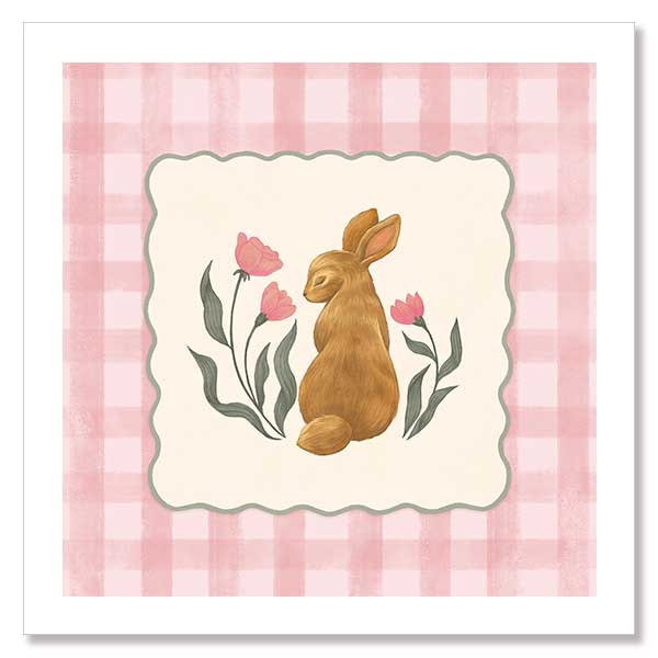 Brown bunny framed by pink gingham and tiny flowers in a soft spring palette, from the Little Tails Collection by Urban Road.