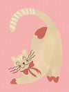 A curious cream cat with a red bow stretches on a blush-pink background in a charming storybook style, from the Little Tails Collection by Urban Road.