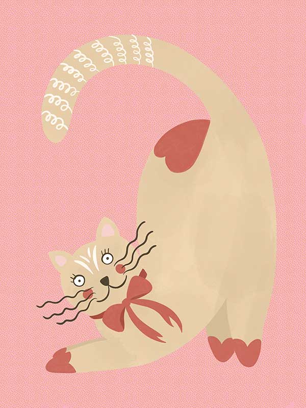 A curious cream cat with a red bow stretches on a blush-pink background in a charming storybook style, from the Little Tails Collection by Urban Road.
