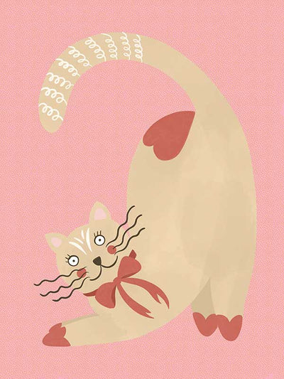 A curious cream cat with a red bow stretches on a blush-pink background in a charming storybook style, from the Little Tails Collection by Urban Road.