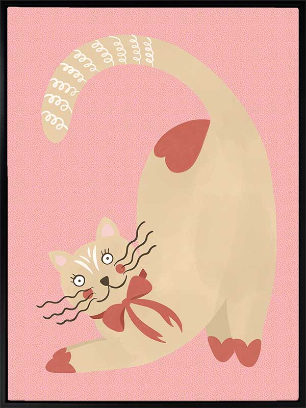 A curious cream cat with a red bow stretches on a blush-pink background in a charming storybook style, from the Little Tails Collection by Urban Road.