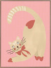 A curious cream cat with a red bow stretches on a blush-pink background in a charming storybook style, from the Little Tails Collection by Urban Road.
