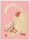 A curious cream cat with a red bow stretches on a blush-pink background in a charming storybook style, from the Little Tails Collection by Urban Road.