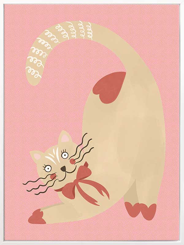 A curious cream cat with a red bow stretches on a blush-pink background in a charming storybook style, from the Little Tails Collection by Urban Road.