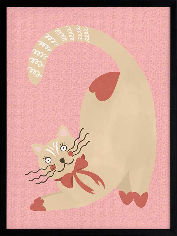 A curious cream cat with a red bow stretches on a blush-pink background in a charming storybook style, from the Little Tails Collection by Urban Road.
