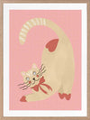 A curious cream cat with a red bow stretches on a blush-pink background in a charming storybook style, from the Little Tails Collection by Urban Road.
