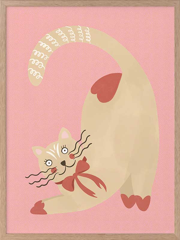 A curious cream cat with a red bow stretches on a blush-pink background in a charming storybook style, from the Little Tails Collection by Urban Road.