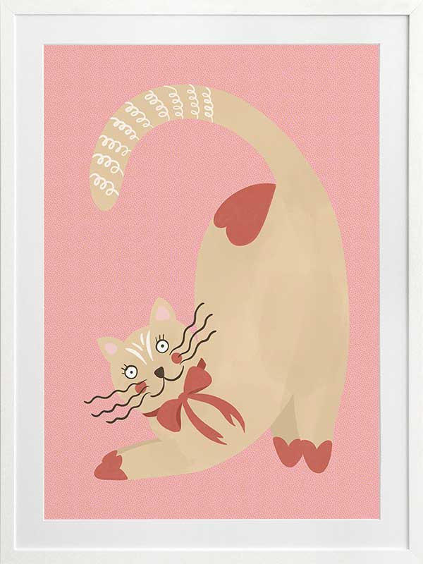 A curious cream cat with a red bow stretches on a blush-pink background in a charming storybook style, from the Little Tails Collection by Urban Road.