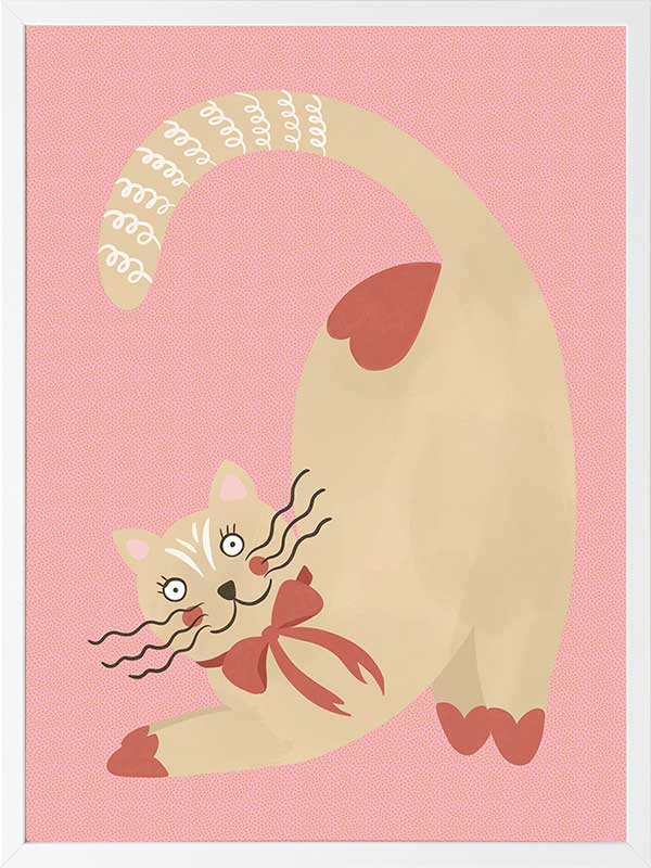A curious cream cat with a red bow stretches on a blush-pink background in a charming storybook style, from the Little Tails Collection by Urban Road.