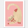 A curious cream cat with a red bow stretches on a blush-pink background in a charming storybook style, from the Little Tails Collection by Urban Road.