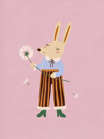 A dapper kangaroo holding a dandelion on a soft pink background with drifting seeds, from the Little Tails collection by Urban Road.