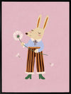 A dapper kangaroo holding a dandelion on a soft pink background with drifting seeds, from the Little Tails collection by Urban Road.