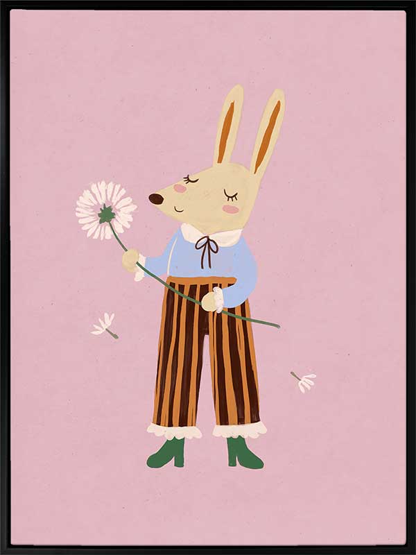 A dapper kangaroo holding a dandelion on a soft pink background with drifting seeds, from the Little Tails collection by Urban Road.