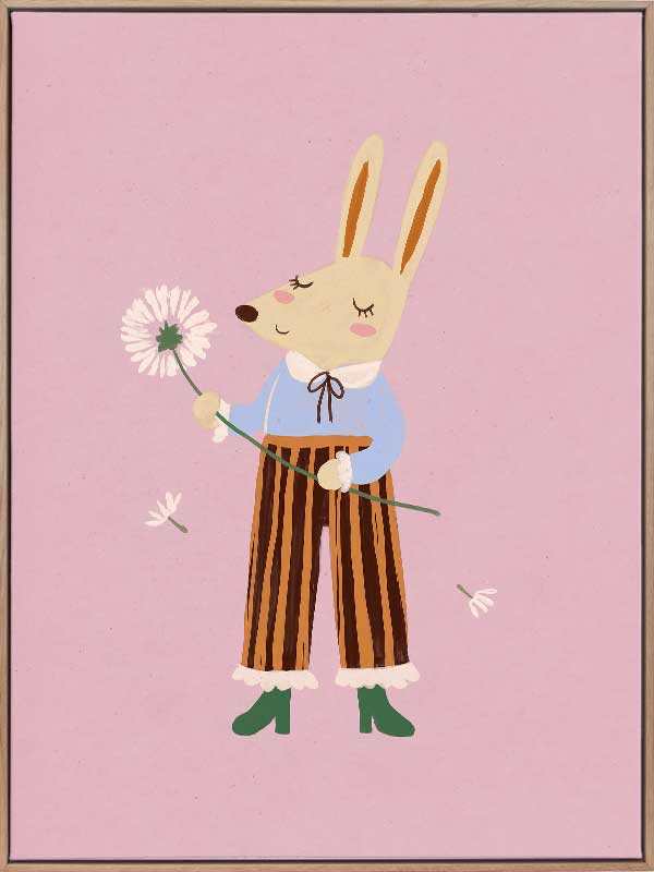 A dapper kangaroo holding a dandelion on a soft pink background with drifting seeds, from the Little Tails collection by Urban Road.