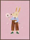 A dapper kangaroo holding a dandelion on a soft pink background with drifting seeds, from the Little Tails collection by Urban Road.