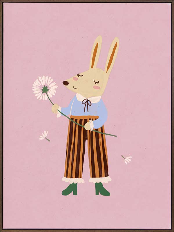A dapper kangaroo holding a dandelion on a soft pink background with drifting seeds, from the Little Tails collection by Urban Road.