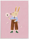 A dapper kangaroo holding a dandelion on a soft pink background with drifting seeds, from the Little Tails collection by Urban Road.