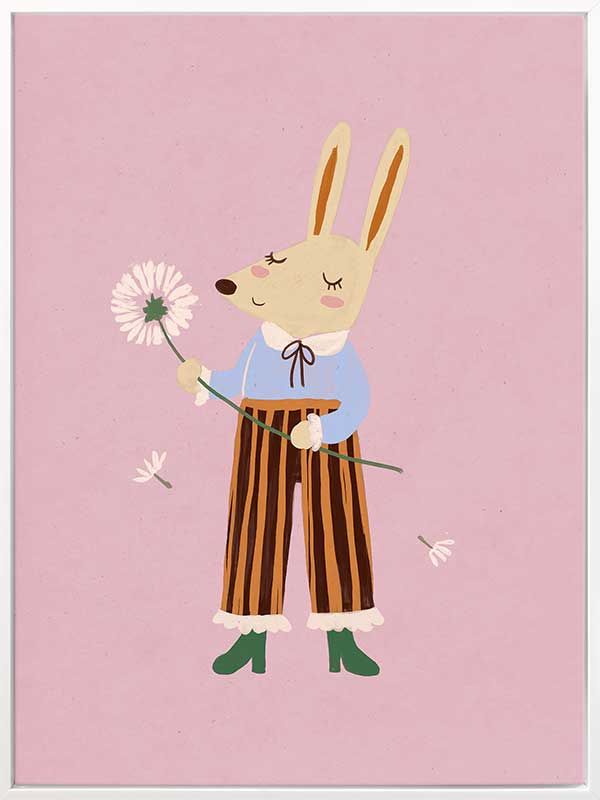 A dapper kangaroo holding a dandelion on a soft pink background with drifting seeds, from the Little Tails collection by Urban Road.