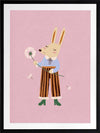 A dapper kangaroo holding a dandelion on a soft pink background with drifting seeds, from the Little Tails collection by Urban Road.