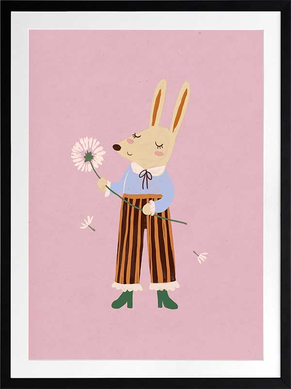 A dapper kangaroo holding a dandelion on a soft pink background with drifting seeds, from the Little Tails collection by Urban Road.