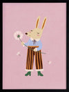 A dapper kangaroo holding a dandelion on a soft pink background with drifting seeds, from the Little Tails collection by Urban Road.
