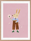 A dapper kangaroo holding a dandelion on a soft pink background with drifting seeds, from the Little Tails collection by Urban Road.