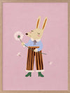 A dapper kangaroo holding a dandelion on a soft pink background with drifting seeds, from the Little Tails collection by Urban Road.